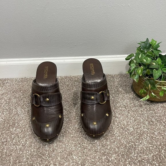 Michael Kors Platform Clogs Size 9 M Brown Leather Mule Wooden Studs - Picture 3 of 8